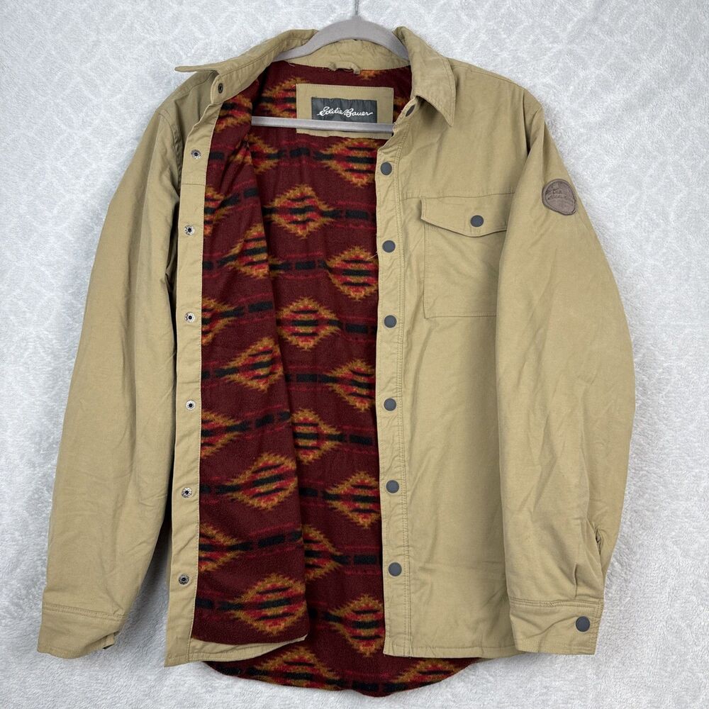 Eddie Bauer ShirtJacket Mens M Tan Fleece Lined Shacket Snap Canvas Chore Barn